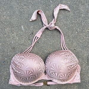 Victoria’s Secret  36C Bombshell Pink Peach Gold Shell Foil Bikini Top